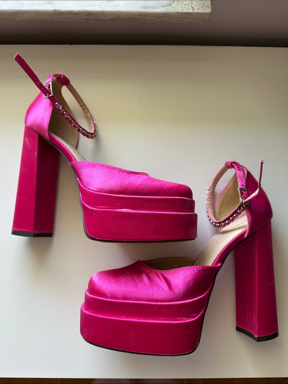 Hot Pink Platform Block Heel Sandals with Rhinestone Ankle Strap US 8.5